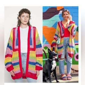 NWT FARM RIO Rainbow Multicolor Crochet Oversized Cardigan Size Large
